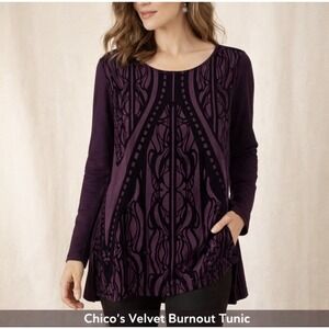 Chico's Size 3 Purple Velvet Burnout Tunic Top Long Sleeve Boho Whimsygoth